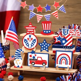 15 Pcs 4th of July Tiered Tray Decor Patriotic Table Decor Wood Signs Independence Day Decorations for Memorial Day American Star Red White Blue Farmhouse Home Party