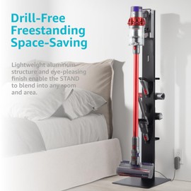 PEGZONE Vacuum Cleaner Stand, Compatible with Dyson Gen5 V15 V12 V11 V10 V8 V7 V6, Floor Cordless Vacuums Attachment Holder with 4 Hooks and 4 Shelves, Metal Storage Bracket Organizer, Black