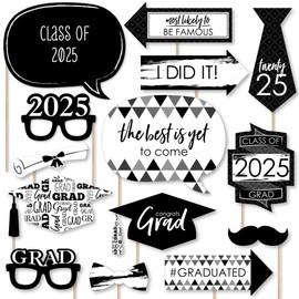 Big Dot of Happiness Black and White 2025 Graduation Party Photo Booth Props Kit - 20 Count