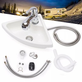 PIAOCAIYIN Wall Mount Corner Bathroom Sink, Acrylic Triangle Sink with Faucet, RV Camper Single Bowl Sinkor Boat Caravan Kitchen Bathroom, White