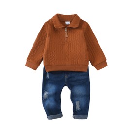 Yhnslsf Baby Boy Clothes Infant Fall Winter Toddler Boys Outfits Mock Neck Quarter Zip Pullover Long Sleeve Knit Sweatshirt Ripped Jeans Denim Pants Sweatsuit Set Brown 12-18 Months