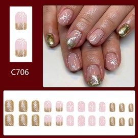 EYZOTSF Press on Nails Christmas Square Shaped Acrylic Full Cover Short Length Square Winter False Nails with Designs Artificial Xmas Holiday Fake Nails Glue ons Fingernails for Women Girls(C706)