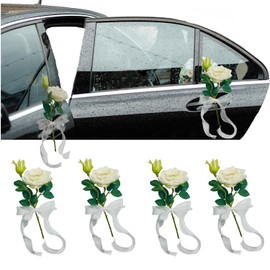 Luxury 4‑Piece Artificial Rose & Satin Ribbon Wedding Car Decor Set – Reusable Floral Bows for Door Handles & Mirrors for Wedding Honeymoon Drives & Memorable Photo Moments Decoration