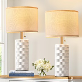 Reaketon Table Lamps for Living Room, 20" White Modern Ceramic Table Lamp Set of 2 for Bedroom, Farmhouse Bedside Lamps Nightstand Bedside Lamp End Table Lamps,Pull Chain