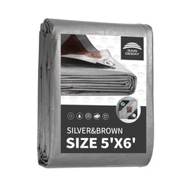 RAINDEWAY Small Tarps Heavy Duty Waterproof 5x6 Feet, 10Mil Multipurpose Poly Mini Tarp Cover with Metal Grommets, Camping Tarpaulin Silver/Brown Tarp Finished Size
