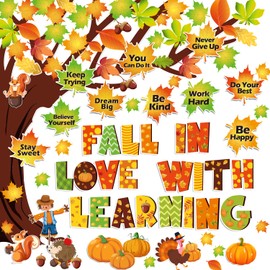 139Pcs Fall Bulletin Board Decorations, Fall in Love with Learning Bulletin Board for Fall Classroom Decorations, Fall Tree Bulletin Board Letters Maple Leaves Cutouts for School Chalkboard Wall Decor
