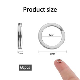 60pcs Split Keyring Rings, 8mm Stainless Steel Split Rings for Crafting & Keys, Durable Hoops for Jewelry Making Metal Open Jump Rings Car Keys DIY Accessories Silver