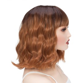 Wavy Bob Wig with Bangs Natural Ombre Orange Wig Synthetic Hair Shoulder Length Short Curly Wigs for Women