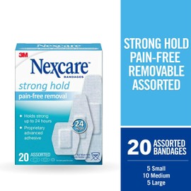 Nexcare Strong Hold Pain-Free Removal Bandages, Assorted Sizes, 20 Count – Gentle, Hypoallergenic Adhesive for Sensitive Skin