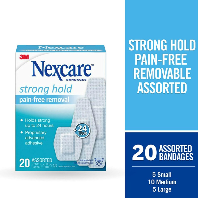 Nexcare Strong Hold Pain-Free Removal Bandages, Assorted Sizes, 20 Count