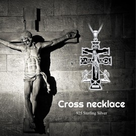 HKPATOP Caravaca Cross Necklace Sterling Silver Caravaca Double Cross with Angels Crucifix Pendant Jesus Necklace Religious Jewelry Gifts for Women Men