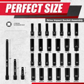 EACELIY 29pcs 1/2" Socket Set, Drive Deep Impact Socket Set, Including 3 ", 5", 10" Impact Extension Bar, Standard SAE (3/8 "- 1") and Metric (10mm-24mm), Cr-V Steel