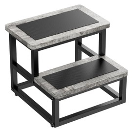 SZLHANJZ Step Stools for Kids Adults, Heavy Duty Stepping Stools Bed Steps for High Beds, Non-Slip Metal and Wooden 2 Steps Foot Stool for Bedside Kitchen, Round Corner, 500 Lbs Capacity, Gray Pattern