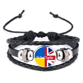 PJ4U Ukraine We Stand Together Union Jack Black Leather Bracelet And Velvet Gift Bag