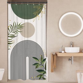 Mitpok Small Stall RV Shower Curtain 36Wx72H Half Single Sage Green Modern Boho Mid Century Abstract Gold Leave Grey Plant Bathroom Decor Minimalist Arch Aesthetic Bath Curtain Polyester 7 Pack Hooks