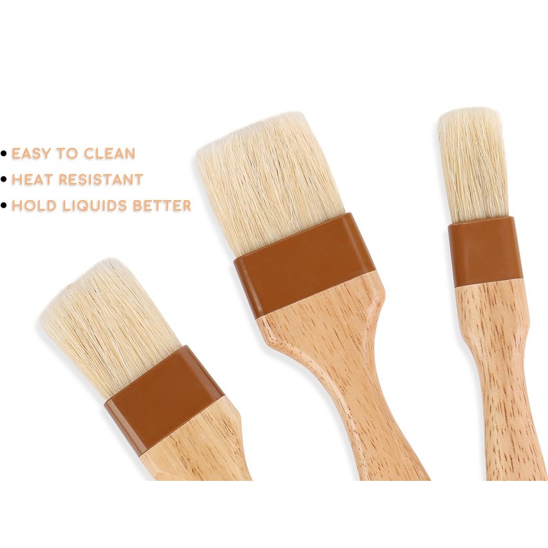 3-Piece Natural Bristle Pastry and Basting Brush Set with Wooden
