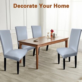 WUSOUPU Gray Leather Chair Covers for Dining Chairs Set of 4, Faux Leather Dining Chair Covers Removable Wipeable Parson Chair Covers Leather, Stretch Waterproof Chair Seat Covers for Dining Chairs