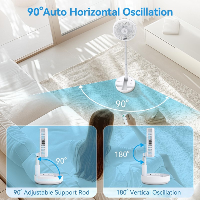 Primelove Portable Oscillating Rechargeable Fan, Battery Operated with 4 Speed