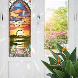 Decorative Sunset Stained Glass Window Film, Sunset Stained Glass Window Film for Bathroom Door Heat Anti UV