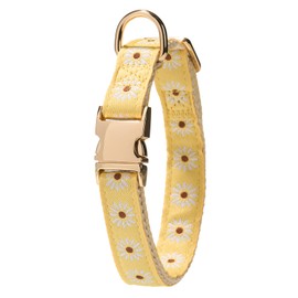 Petiry Daisy Deisgn Jacquard Dog Collar with Soft Cotton Padded Lining And Durable Metal Buckle, Adjustable Summer Collar Fit for Small Neck 31-49cm,Yellow