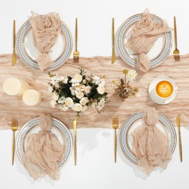 Windkream 2 Cheesecloth Table Runners and 24 Napkins Set, 10Ft Boho Cheese Cloth Table Runners 20 x 20 Inch Rustic Wrinkled Gauze Napkins for Wedding Birthday Baby Shower(Champagne)