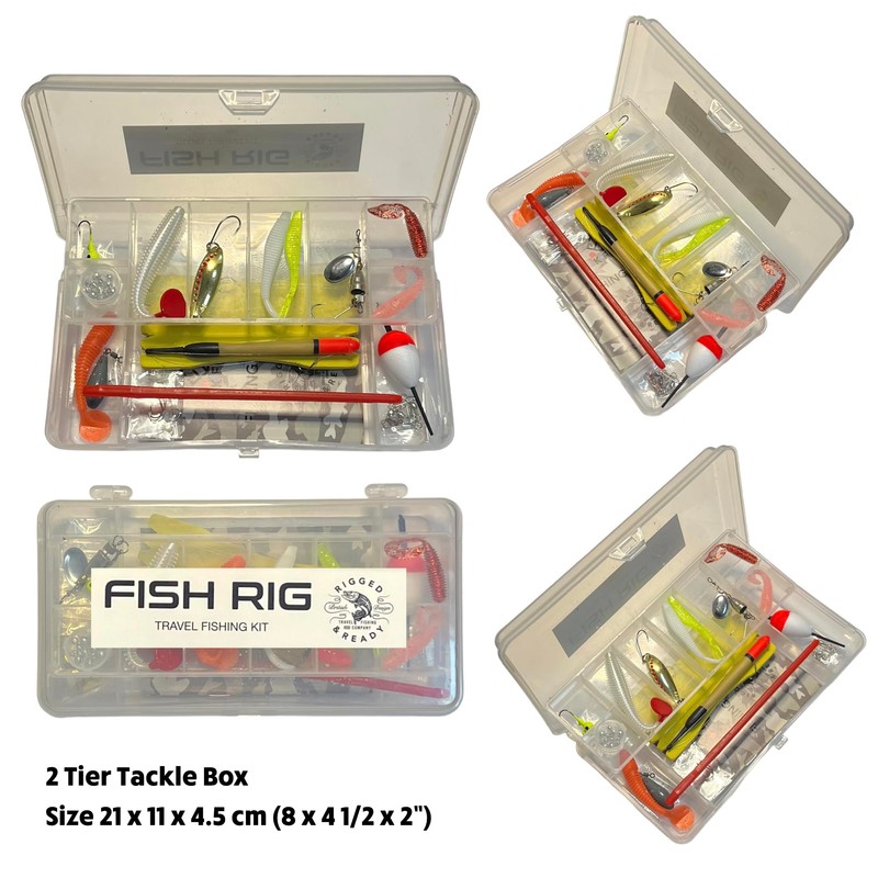 Fish Rig Travel Fishing Tackle Box + Tackle. 30 Essential
