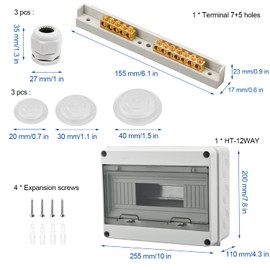 Surface-Mounted Fuse Box, Distributor IP65-1 Row, 12 Modules, with 7 Terminals, 3 Connectors, Suitable for Outdoor Gardens, Farms, Charging Stations, Wet Rooms (12 Modules)