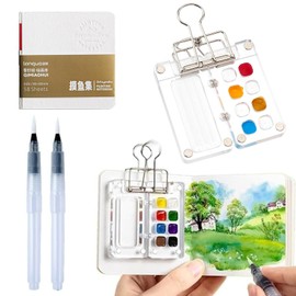 8 Grids Acrylic Travel Paint Palette Kit, Miniature Watercolor Painting Palette Kit, Pocket Artist Watercolor Travel Set Portable Watercolor Palette Box Kit with Brush Clip Sketchbook(No pigment)