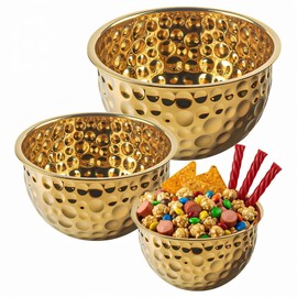 AKODENORA Gold Serving Bowls, Hammered Gold Bowls Set of 3, Large Popcorn Bowl Elegant Snack Bowl Set for Movie Night, Decorative Stainless Steel Salad Bowls for Party & Entertaining (7.2, 4, 2 Qt)