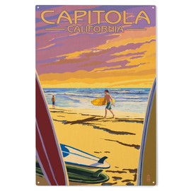 Lantern Press 10x15 Inch Wood Sign, Ready to Hang Wall Decor, Capitola, California, Surfers at Sunset