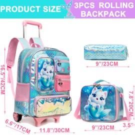 Meetbelify Cute Cat Rolling Backpack for Girls Backpack with Wheels for Elementary Student Kids School Bag with Lunch Box Pencil Case for Girls Ages 6-8 Years Old