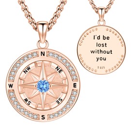 Compass Necklace for Women Men - Rose Gold 925 Sterling Silver Pendant I'd Be Lost Without You Blue Cubic zirconia Crystals Compass Jewelry Inspirational Gifts for Her Him Anniversary Birthday Wedding