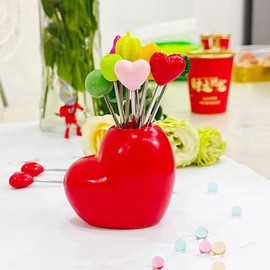 Fruit Forks Dessert Forks Salad Forks Food Picks Repeated Use of Decorate Cute Creative 10 Different Stainless Steel Fruit forks and 1 Love Holder (Slanted Red Love)