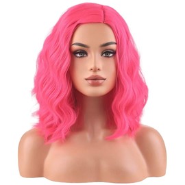WTHCOS Hot Pink Wigs for Women Girls Short Curly Wavy Wig Side Part wig Pink Wig Heat Resistant Synthetic Wigs for Cosplay Costume Party
