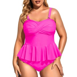 Daci Traje de baño de Dos Piezas para Mujer, Talla Grande, con Parte Inferior, Peplum, Tankini de Cintura Alta, Control de Abdomen, Hot Pink, 20 Plus