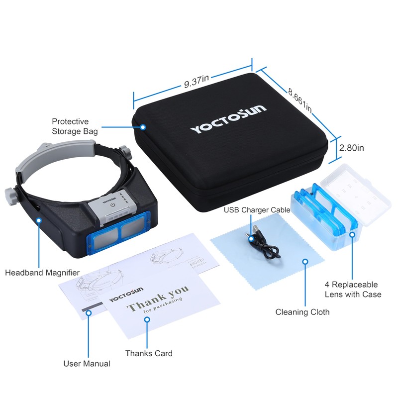 YOCTOSUN Headband Magnifier with 4 Lenses, 4 LED Lights and