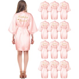 Hicarer 12 Pcs Women's Birthday Party Robes Gold Glitter Queen Squad Kimono Silky Nightgown Satin Bathrobes Dressing Gown (Pink)
