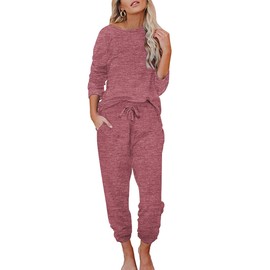 Ekouaer Women's Pajamas Long Sleeve Pjs Set Loungewear Soft 2 Pieces Ladies Sleepwear with Pockets Winter Red S