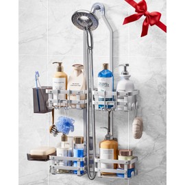 GAOKASE Aluminum Shower Caddy Hanging, Never Rust Shower Organizer- 4 Levels with adjustable Height 10 Hooks for Razor/Sponge - Rack with Soap Basket (Silver)