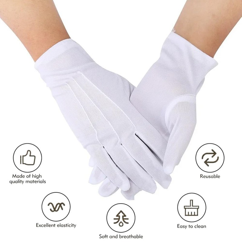 Azlanway White Cotton Gloves, 3 Pairs Reusable Soft Formal Gloves,