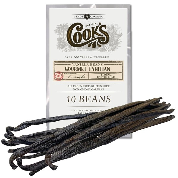 Cook’s, Tahitian Organic Vanilla Beans, Grade A, World’s Finest Gourmet Fresh Premium Vanilla, Certified Organic by CCOF, 10 Whole Beans
