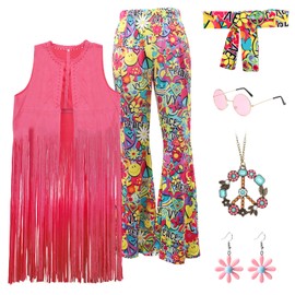 Yuragim 60s 70s Hippie Costume Women's Set, 6 Pieces Fancy Dress Costume Women's Hippie 60s 70s Clothing Women's Disco Outfits with Fringe Vest Flared Trousers Hippie Accessories for Carnival Party