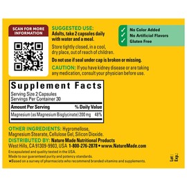 Nature Made High Absorption Magnesium Glycinate 60 Capsules 200 mg Muscle Nerve Heart Health