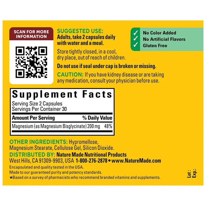 Nature Made High Absorption Magnesium Glycinate 60 Capsules 200 mg