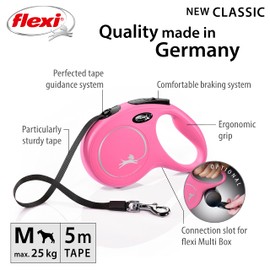 Flexi New Classic Tape Pink Medium 5m Retractable Dog Leash/Lead for dogs up to 25kg/55lbs