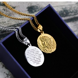 NewZenro Jesus Bible Verse Prayer Golden Necklace for Mens with 21.6" Chain Christian Jewelry Stainless Steel Personality English Engraved Coin Disc Medal Pendant (golden plated)