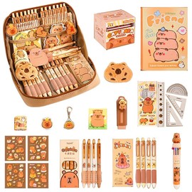 Hojalis Capybara Stationery Set, Capybara School Pencil Case with Pens, Ruler, Eraser, Sticky Notes, Sticker, Brooch, Clip & Keychain, Adorable Capybara Pencil Case Stationery Set for Back to School