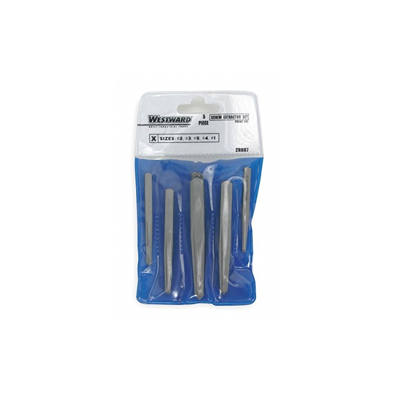 Westward 2RUR7 Screw Extractor Set, 1/8 to 3/4, 5 Pcs