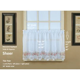 Today's Curtain, Vintage Macramé Organza Tier 24", White/Rose, 58" W x 24" L