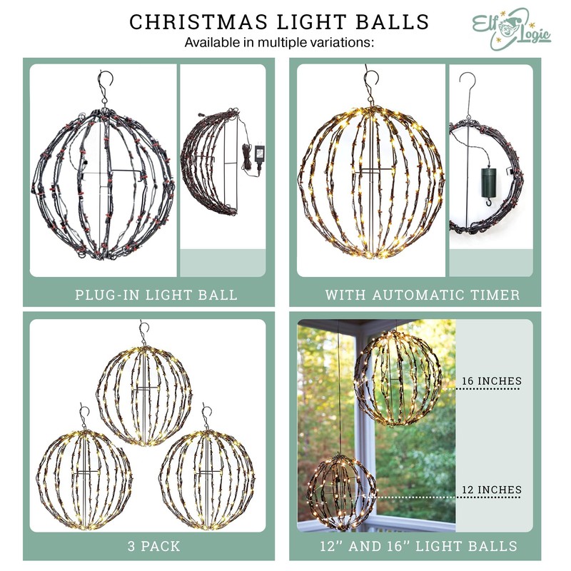 Elf Logic 3 Pack 12” Outdoor/Indoor LED Christmas Light Balls.